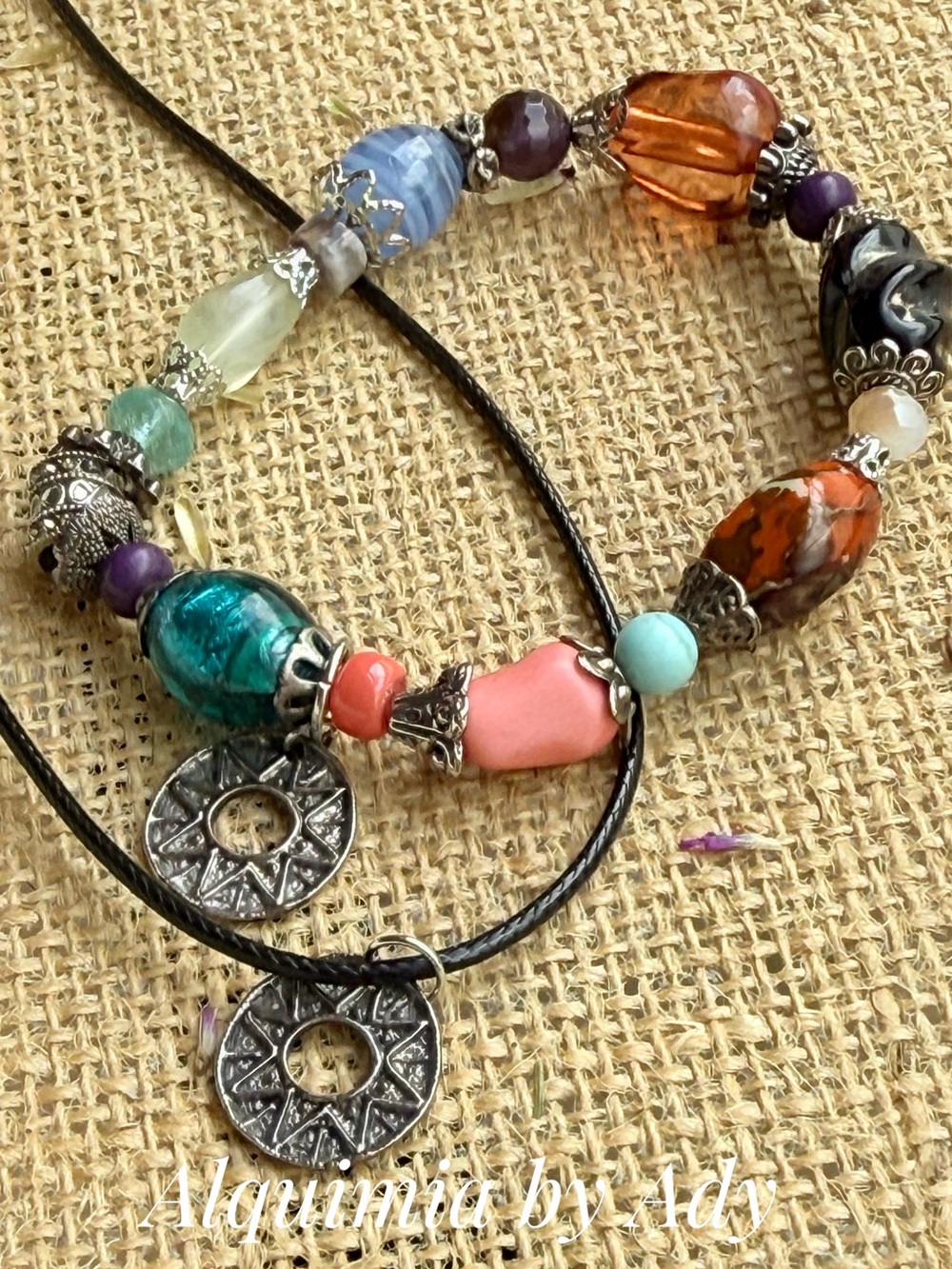 Multicolor Beaded Bracelet and choker necklace with Silver sun charms